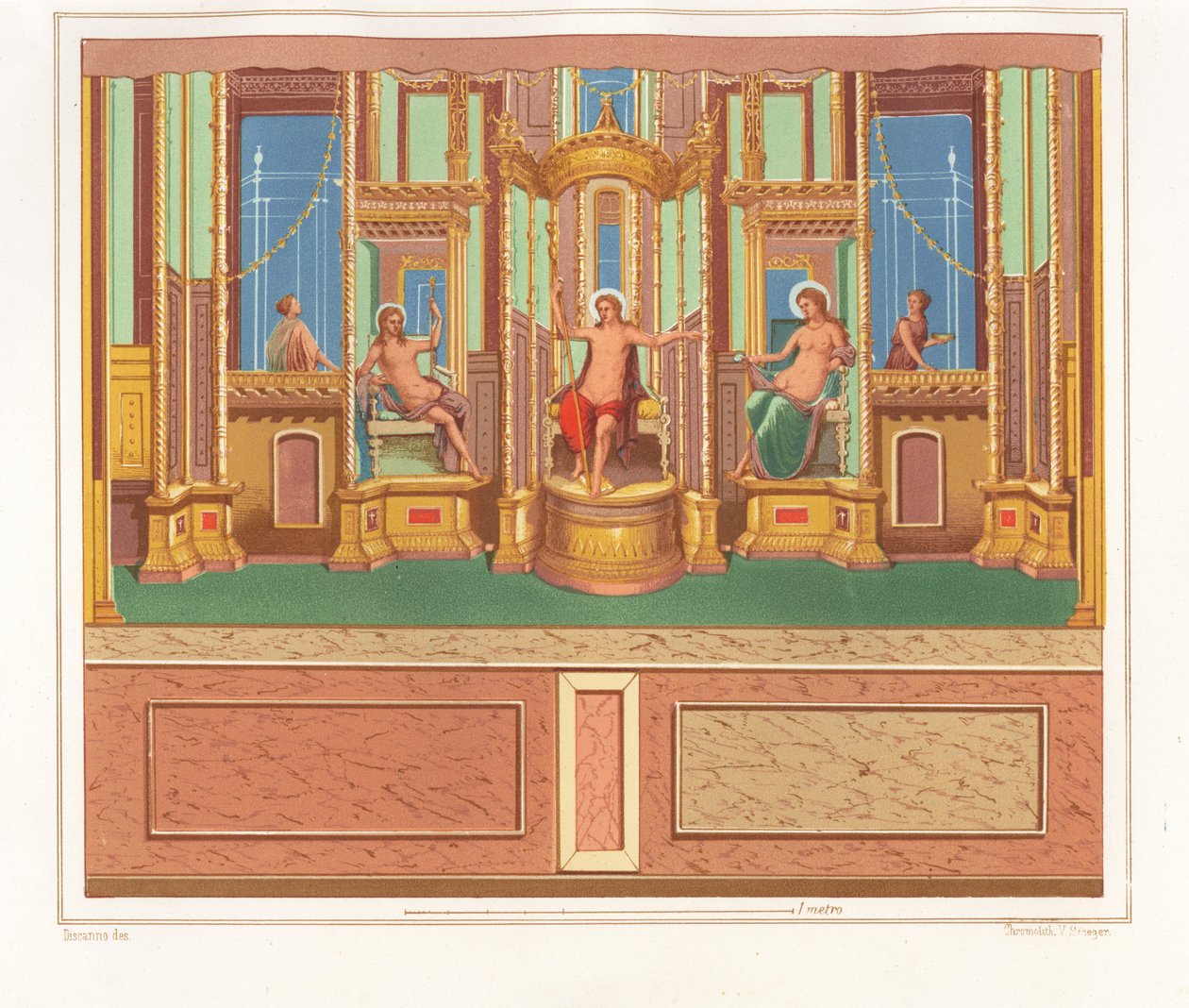 Wall painting showing Bacchus, Venus and Apollo from a secluded seated area in a corner of a garden in the Domus M. Herenulli Communis or House of Apollo, Reg. VI, Ins. VII, No. 23. Chromolithograph by Victor Steeger after an illustration by Geremia Discan alkotó: Geremia Discanno