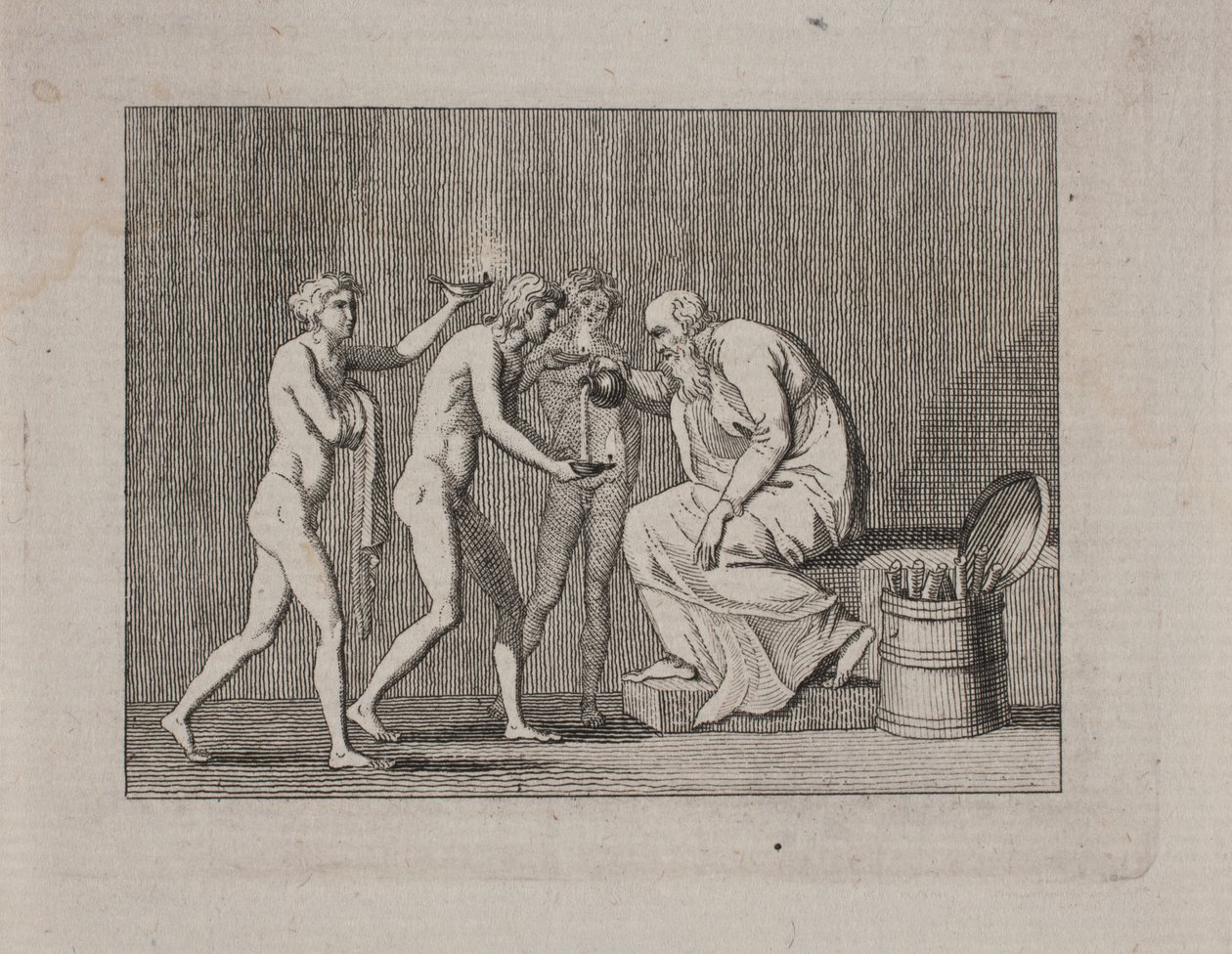 Allegoria három fiatallal és egy öregemberrel, antik kosztümben. alkotó: Gerhard Ludvig Lahde