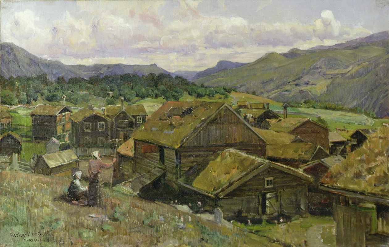 Egy norvég falu két nővel (olaj, vászon) alkotó: Gerhard Peter Frantz Vilhelm Munthe