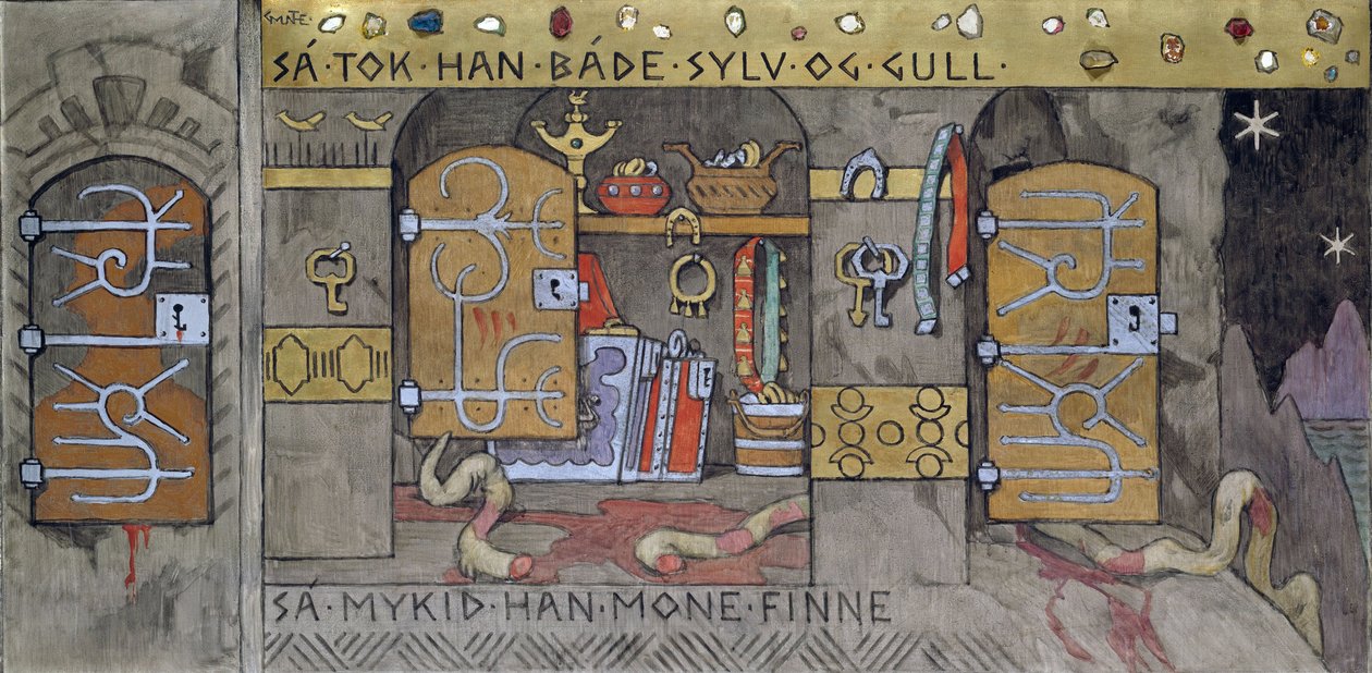 Asmund hazahozza az ezüstöt és az aranyat - Munthe, Gerhard (1849-1929) - 1902-1904 - Olaj, vászon - 62x122 - Nemzeti Művészeti Múzeum, Oslo alkotó: Gerhard Peter Frantz Vilhelm Munthe