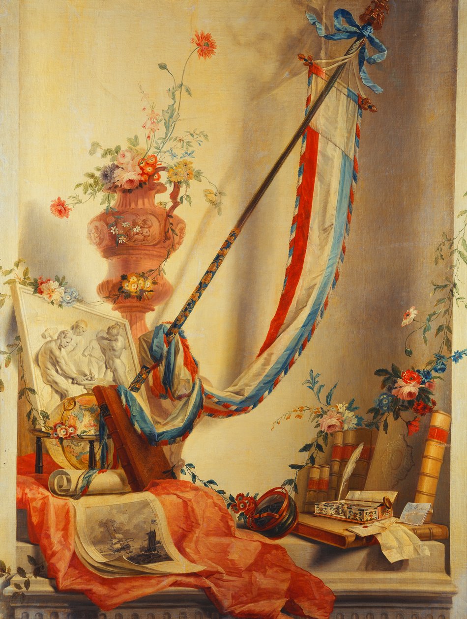 Banner, virágok egy urnában, dombormű, földgömb, nyomat, iránytű, írókészlet, betűk és Blaeu atlasza egy fülkében alkotó: Gerke Jans de Jager
