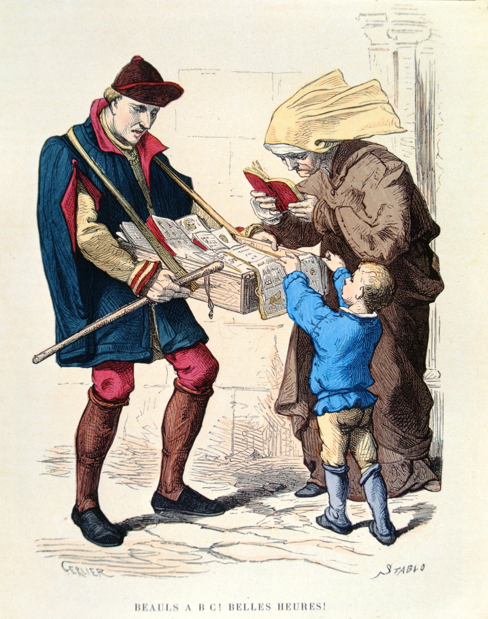 Könyveladó a tizenötödik században, a Costumes de Paris a Travers les Siecles 1887-ben megjelent könyvéből (színes metszet) alkotó: Gerlier