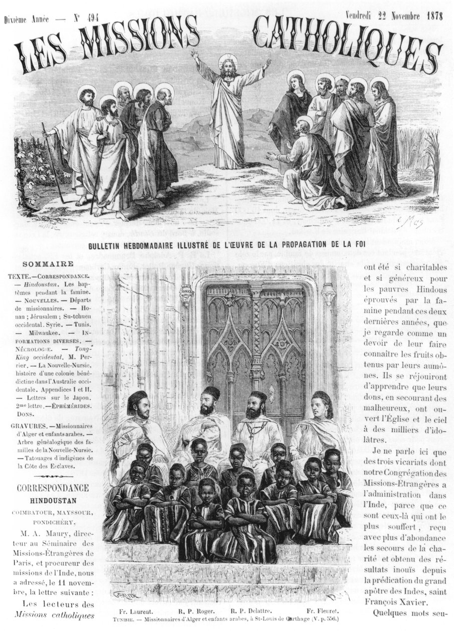 Algír misszionáriusai és arab gyerekek a karthágói Szent Lajosban Tunéziában, illusztráció a „Les Missions Catholiques” című könyvből, 1878. november 22. alkotó: Gerlier