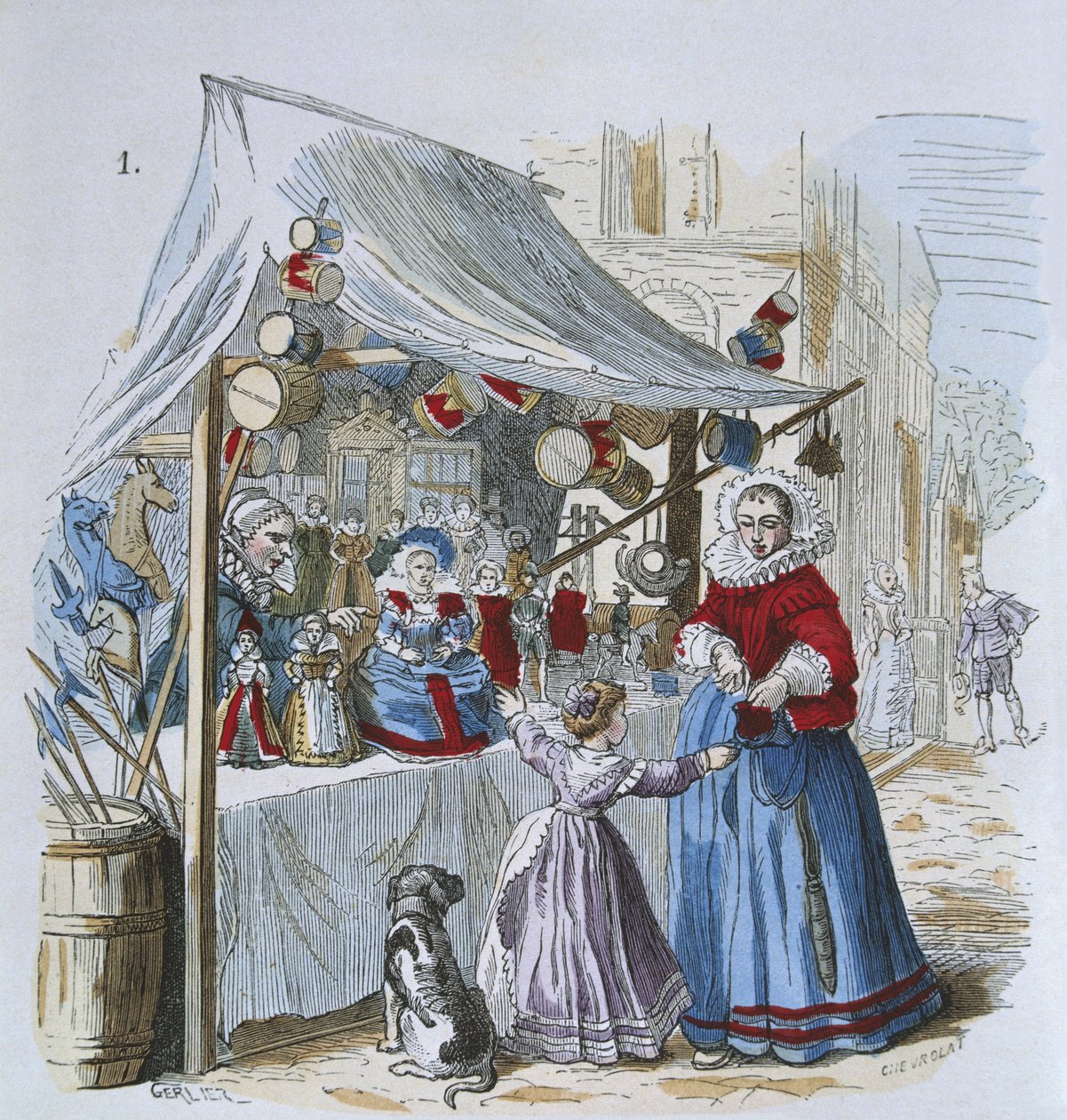 Játékárus a tizenhatodik században, a „costumes de Paris a travers les siecles”-ből (színes gravírozás) alkotó: Gerlier