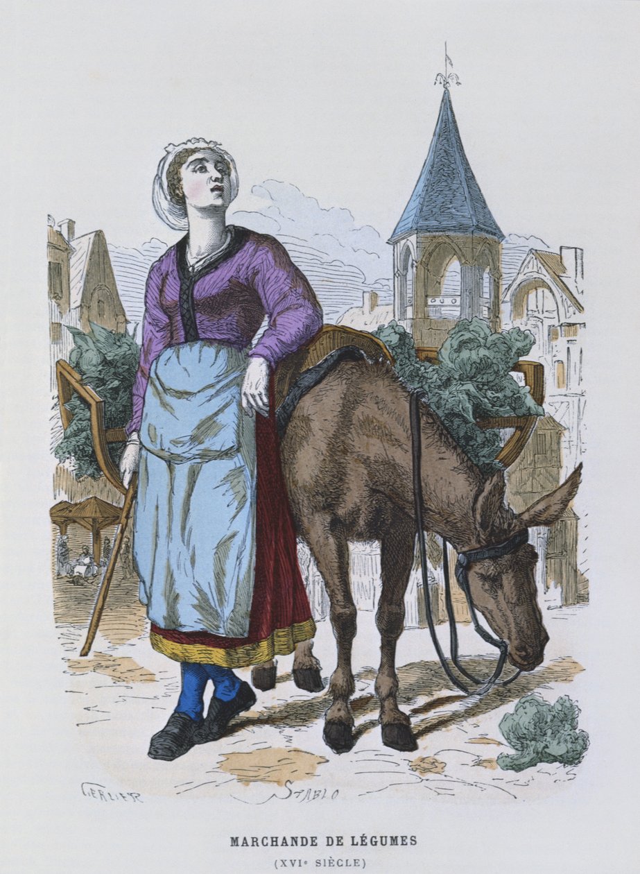 Zöldségárus a 16. században, a "costumes de Paris a travers les siecles" alkotásból alkotó: Gerlier