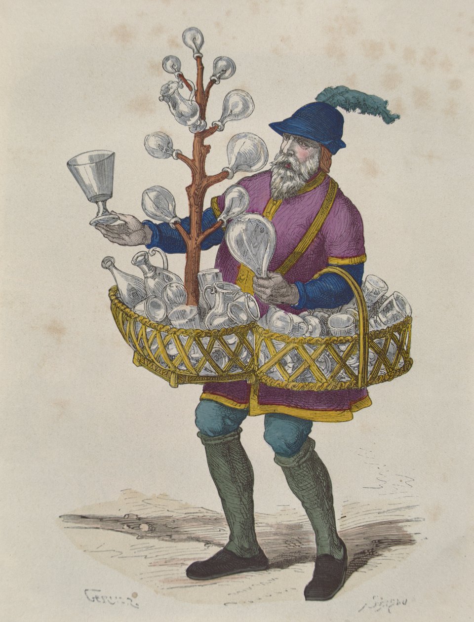 Üveg- és kristálykereskedő a tizenötödik században, a Costumes de Paris a Travers les Siecles 1887-ben megjelent könyvéből (színes metszet) alkotó: Gerlier