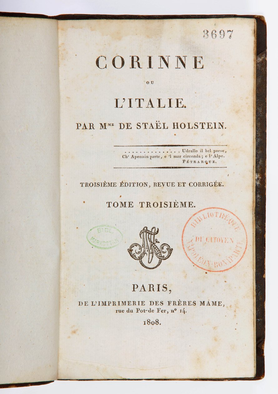 A Corinne ou lItalie címlapja, 3. átdolgozott és bővített kiadás, 3. kötet, Imprimerie des Freres Mame, Párizs, 1808 (nyomtatott papír) alkotó: Germaine de Stael