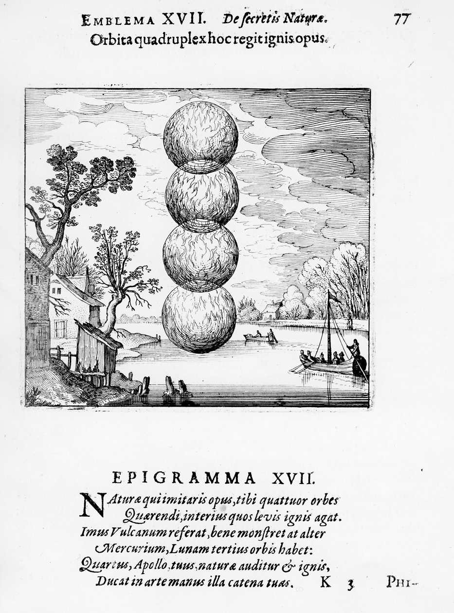 „Négyszeres kerék uralja ezt a tüzes munkát” – XVII. embléma Michael Maier „Atlanta Fugiens” című művéből, 1617 alkotó: German School
