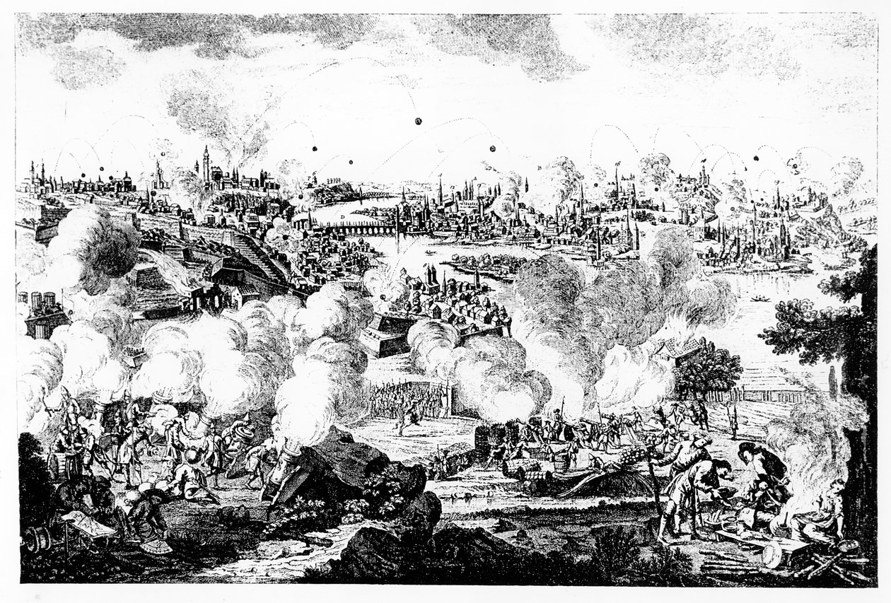 Prága bombázása 1757. május 29-én és 30-án, vésette P. Benazech alkotó: German School