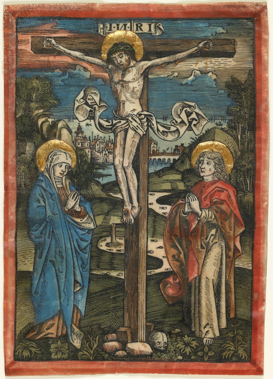 Krisztus a kereszten Máriával és Szent Jánossal, a Missale Defunctorumból, 1499 körül (kézzel színezett fametszet pergamenre) alkotó: German School