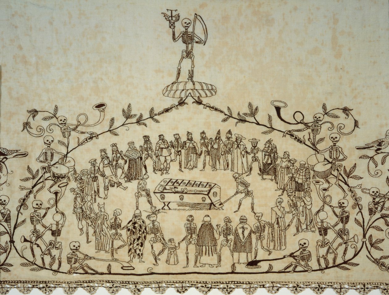 Részlet a Kassler Totentanztuch lepelről, 1635-37 (vászon, selyem és csipke) alkotó: German School