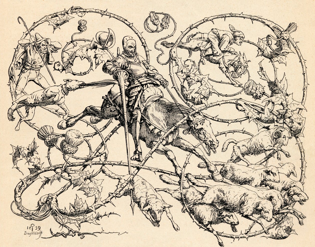 Don Quijote a birkacsordával harcolva, két seregnek tévesztve őket, 1839-ben a „The Garden Arbor Family Journal”-ból, 1905-ben alkotó: German School