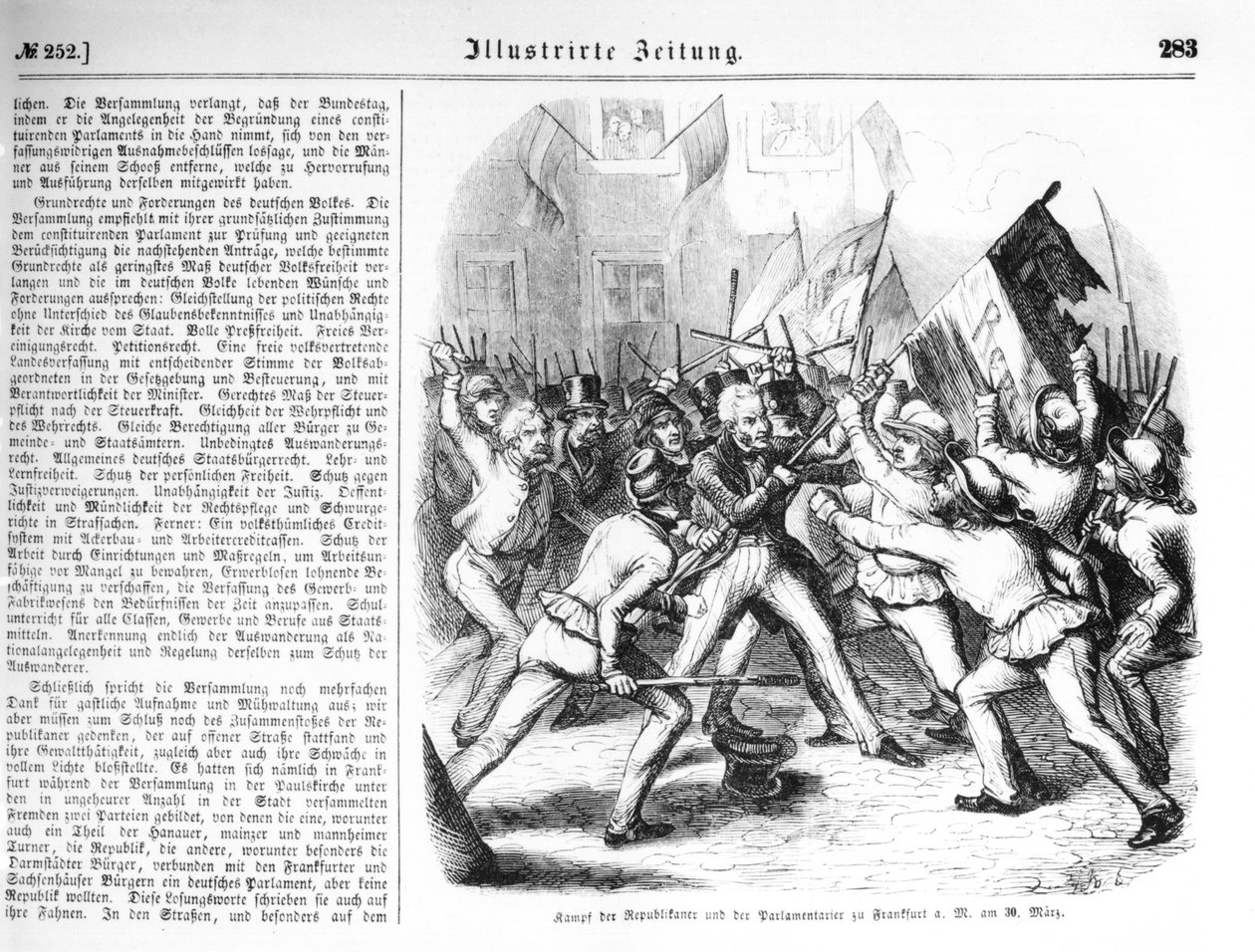 Harc a republikánusok és a parlamenti képviselők között Frankfurt am Mainban 1848. március 30-án, illusztráció az Illustrierte Zeitungból alkotó: German School