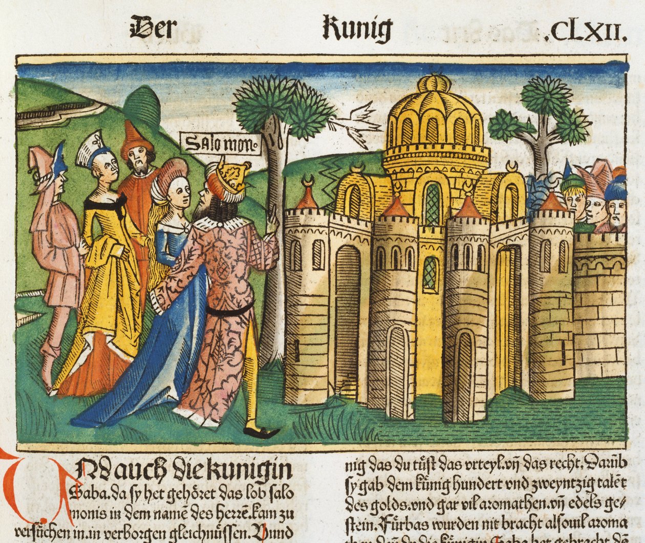 I. Királyok 10 1-13 Sába királynője meglátogatja Salamont, a Nürnbergi Bibliából (Biblia Sacra Germanaica) (színes fametszet) alkotó: German School