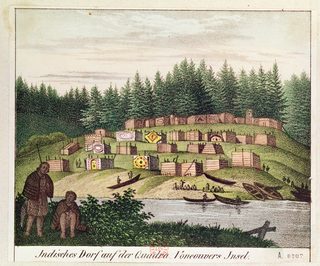 Indiai tábor a Quadra-szigeten, Vancouver-szigeteken (színes gravírozás) alkotó: German School