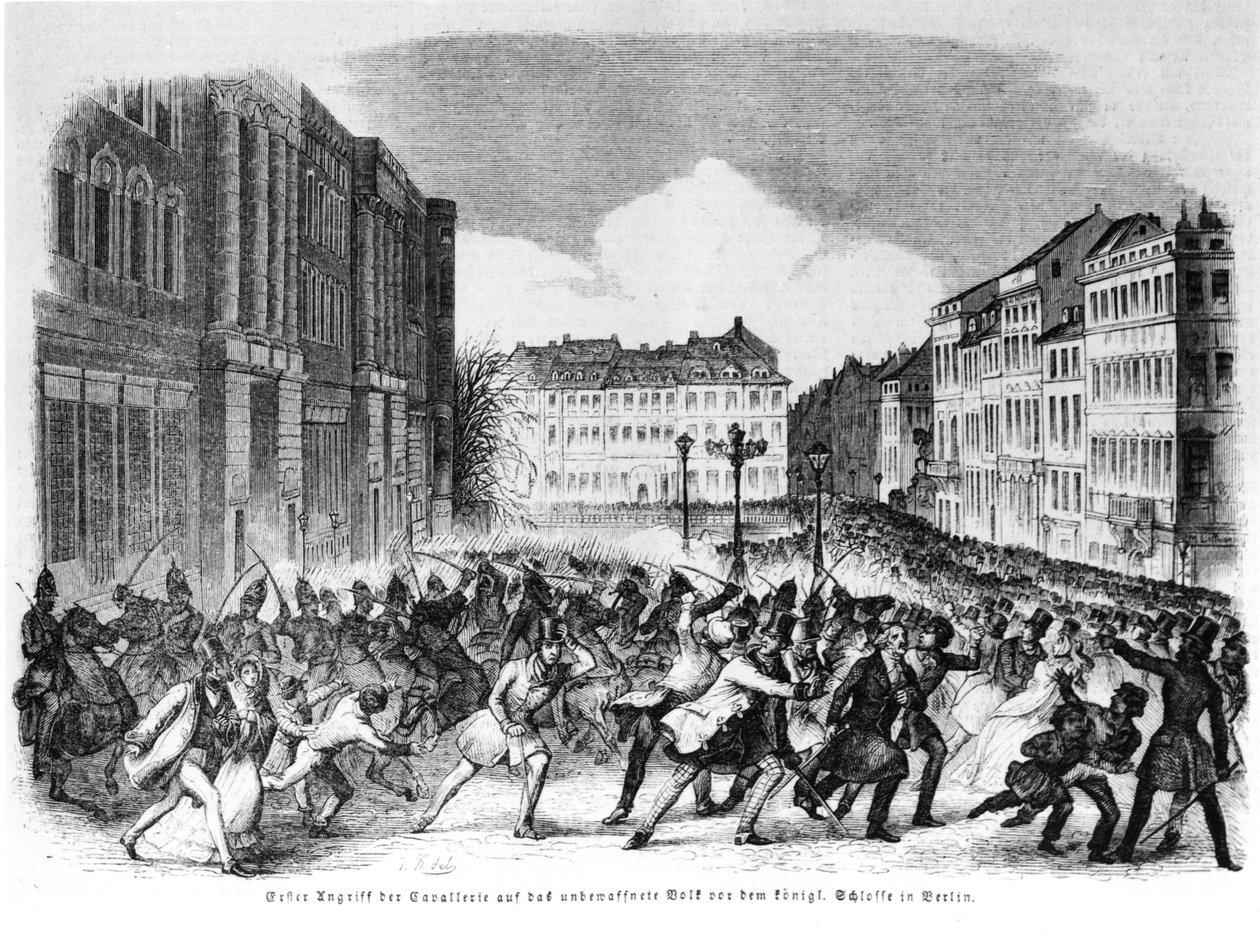 Felkelés Berlinben 1848 áprilisában, illusztráció az Illustrierte Zeitungból alkotó: German School