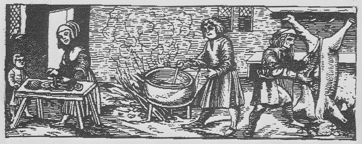Egy konyha belseje, Jean Staeffler Calendarium Romanumából, nyomtatva Tubingen, Németország, 1518 alkotó: German School