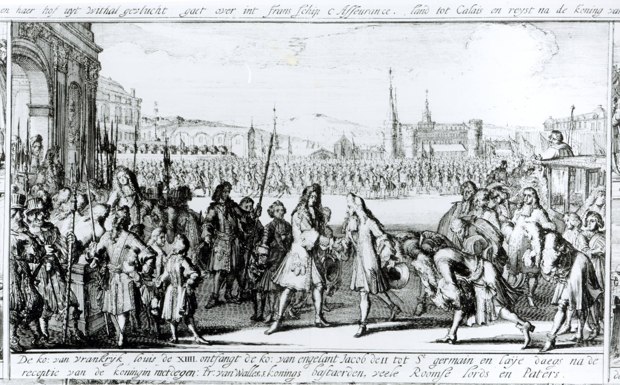 XIV. Lajos király (1638-1715) fogadja II. Jakabot (1633-1701) Saint-Germain en-Laye-ban alkotó: German School