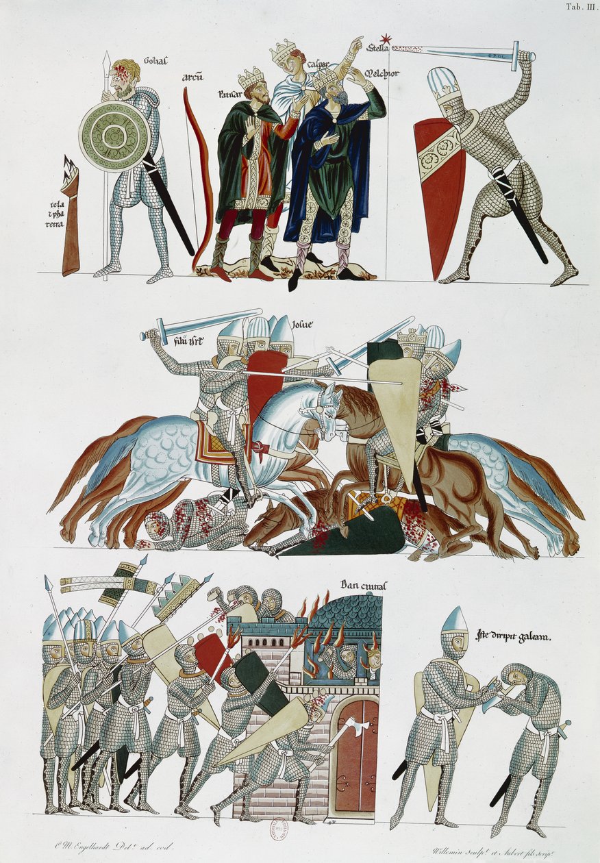 Ms Facs 227 pl.3 A mágusok, Joshua csata és Dan ostroma, Herrade de Landsberg Hortus Deliciarumból, egy 12. századi kézirat fakszimile (toll, tinta és wc papíron) alkotó: German School