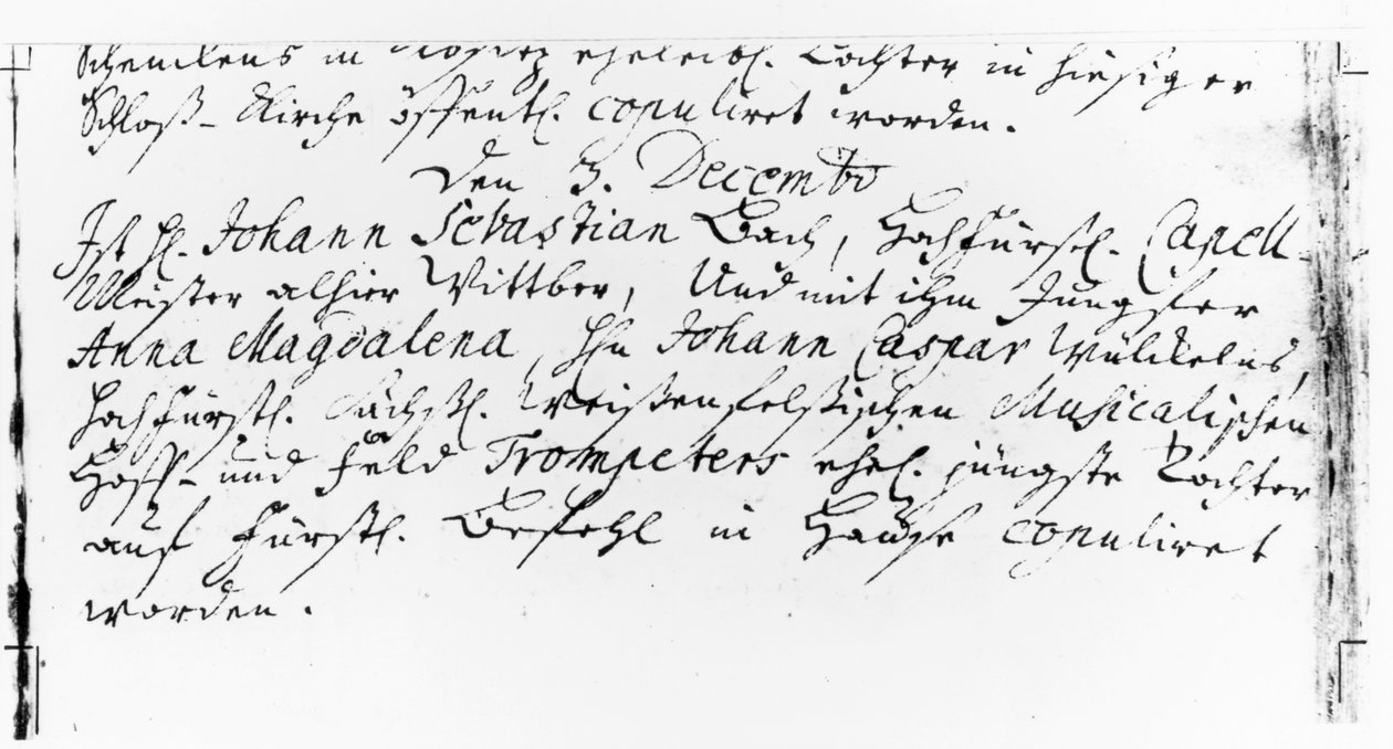 Bach Anna Magdalena Wickeln esküvőjének anyakönyve a Jacobskirche Rectoryában, Koethenben, 1721. december 3-án (toll és tinta papíron) alkotó: German School