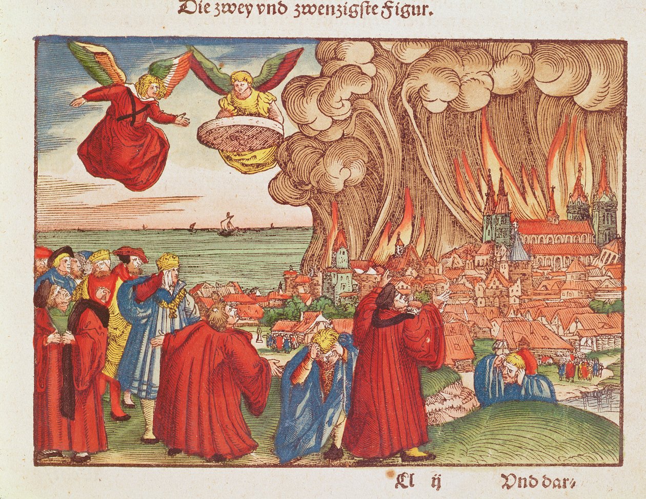 Jelenések 18: Babilon égése, 1. kiadás, a Luther Bibliából, 1530 körül (színes fametszet) alkotó: German School
