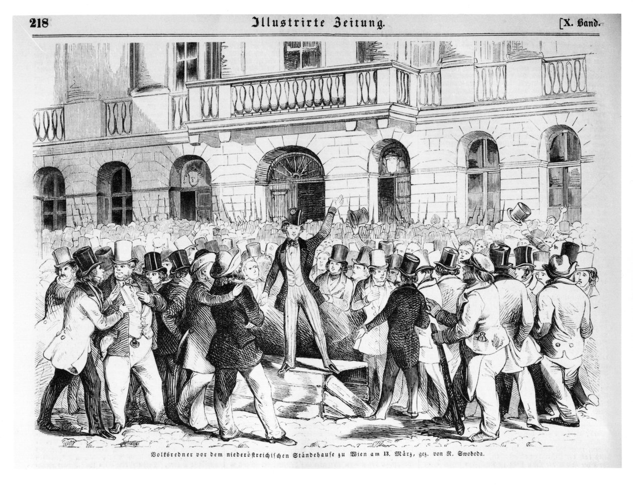 Lázadás Bécsben 1848. március 30-án, illusztráció az Illustrierte Zeitungból alkotó: German School