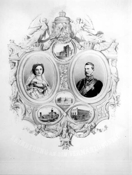 Szuvenír Viktória királyi hercegnő (1840-1901) és Frigyes Vilmos porosz trónörökös (1831-88) esküvőjéről, 1858. január 25. alkotó: German School