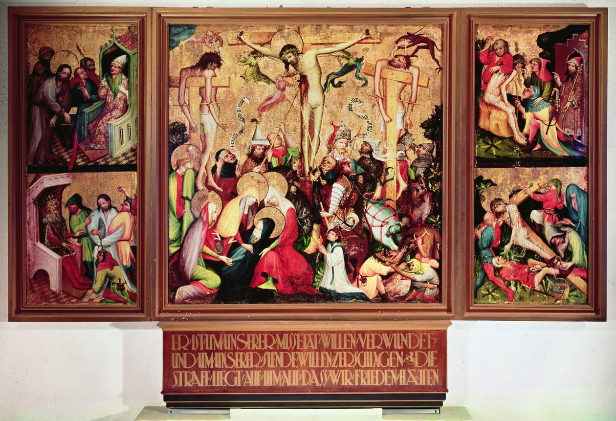 A keresztre feszítés, triptichon oldallapokkal, amelyek a Passió jeleneteit ábrázolják (tempera a panelen) alkotó: German School