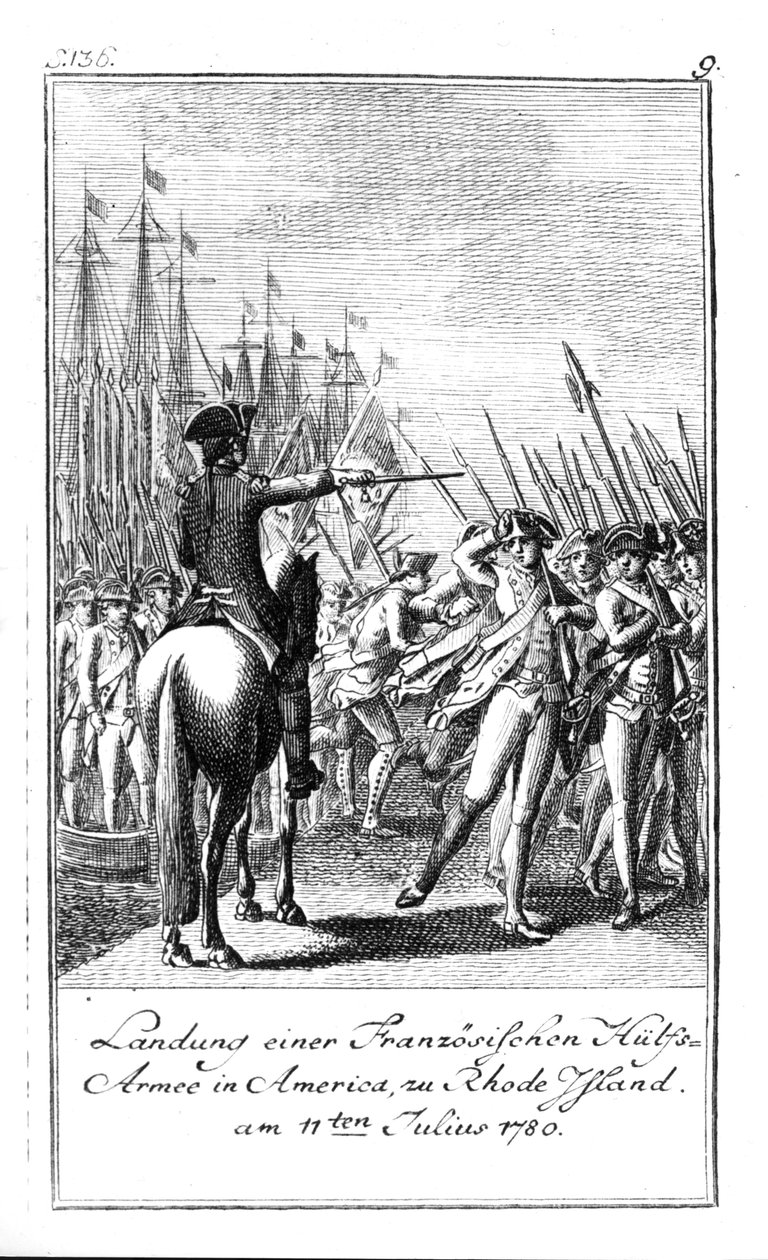 A francia segédhadsereg partraszállása az amerikai Rhode Islanden, 1780. július 11. alkotó: German School