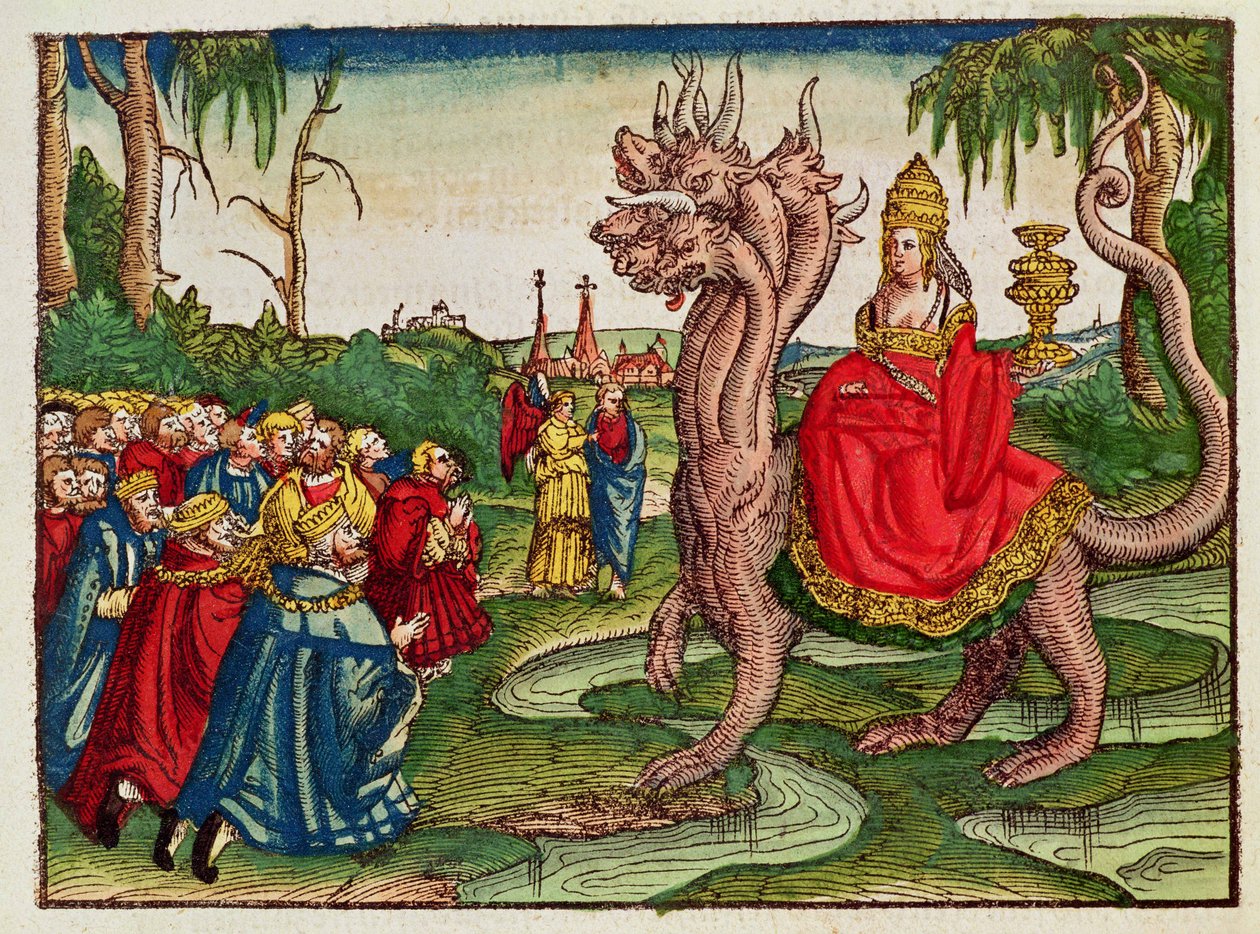 A babiloni kurva, a Luther Bibliából, 1530 körül (színes fametszet) alkotó: German School