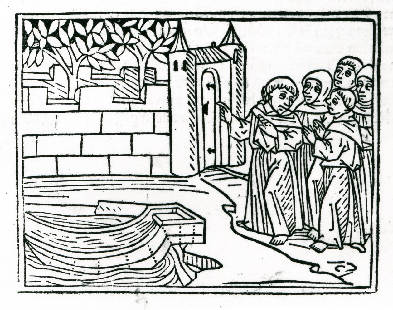 A szerzetesek elhagyják Írországot, hogy megkeressék a Paradicsom szigetét, illusztráció a „St. Brendan utazása” című filmből, 1499 alkotó: German School