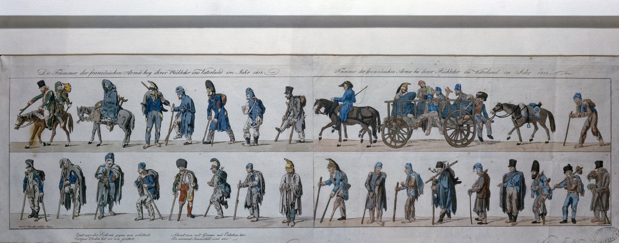 A legyőzött francia hadsereg visszatérése Oroszországból 1813-ban (kézzel színezett metszet) alkotó: German School