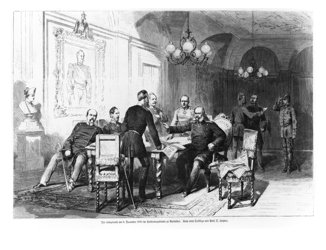 Haditanács a Versailles-i prefektúrában 1870. december 6-án, illusztráció az Illustrierte Zeitungból, 1871 alkotó: German School