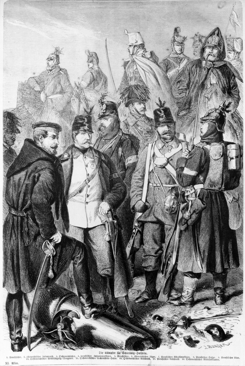 Hercegségek háborúja, osztrák és porosz katonák és tisztek, akik Schleswig-Holsteinért harcolnak, 1864, Lipcsében alkotó: German School