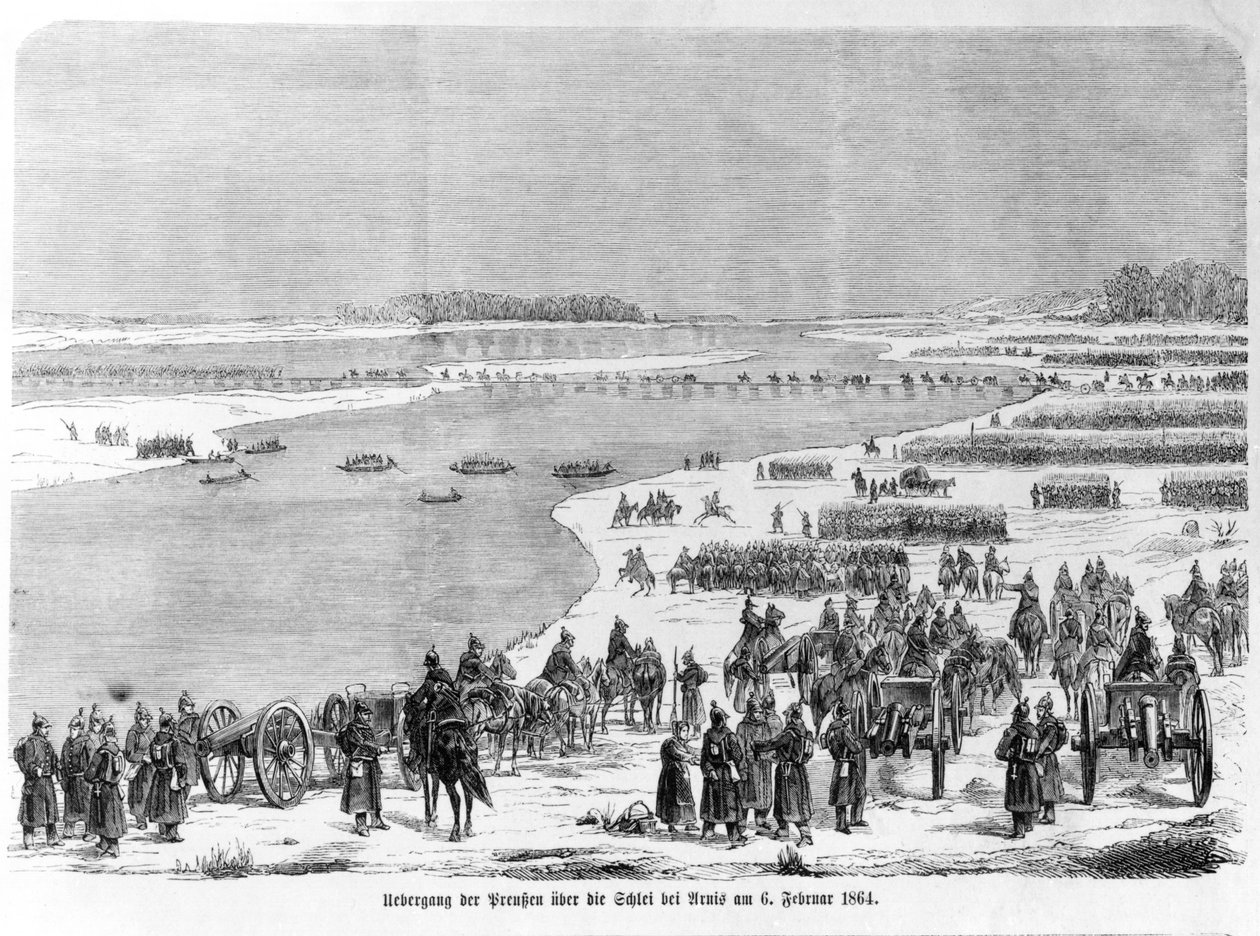 Hercegségek háborúja, a porosz hadsereg átkelése a Shlei folyón Arnisnál, illusztráció az "Illustrierte Kriegsberichte aus Schleswig-Holstein"-ból, 1864 alkotó: German School
