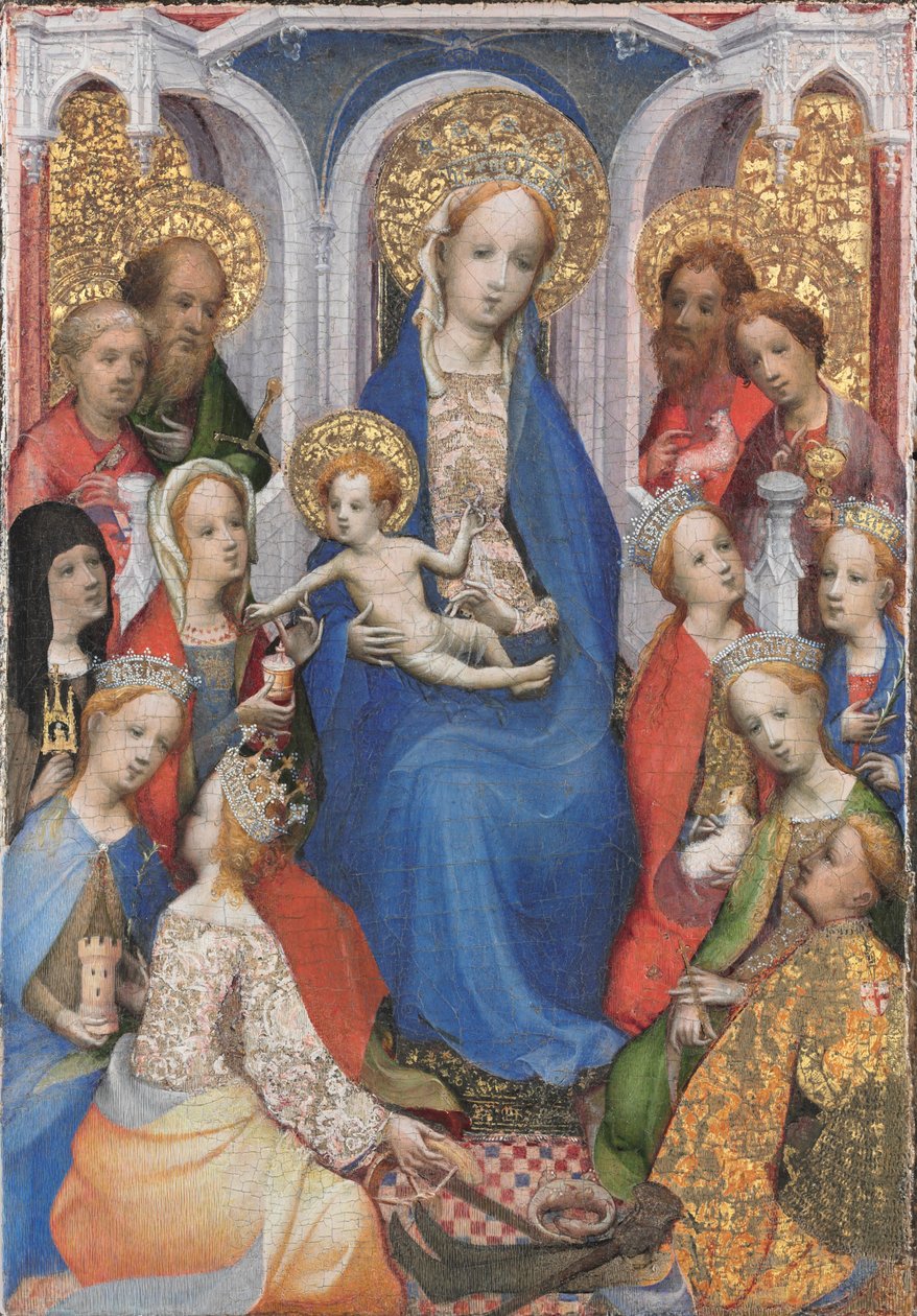 Szűz és gyermek trónon, Pál, Péter, Assisi Klára, Mária Magdolna, Barbara, Alexandriai Katalin, Keresztelő János, János evangélista, Ágnes, Cecilia, Antiochiai Margit és George szentjeivel alkotó: Master of Saint Veronica