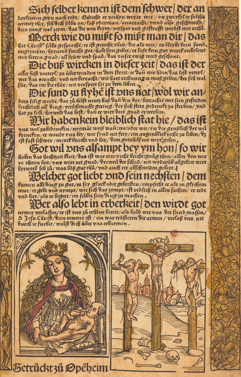Broadside két jelenettel Krisztus életéből és groteszk határokkal alkotó: German 15th Century