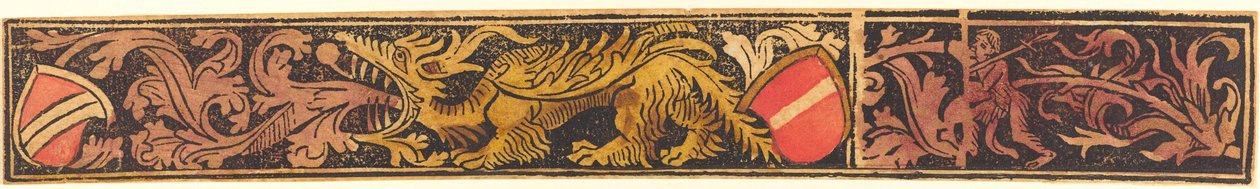 Groteszk csík sárkánnyal, pajzsokkal és vademberekkel alkotó: German 15th Century