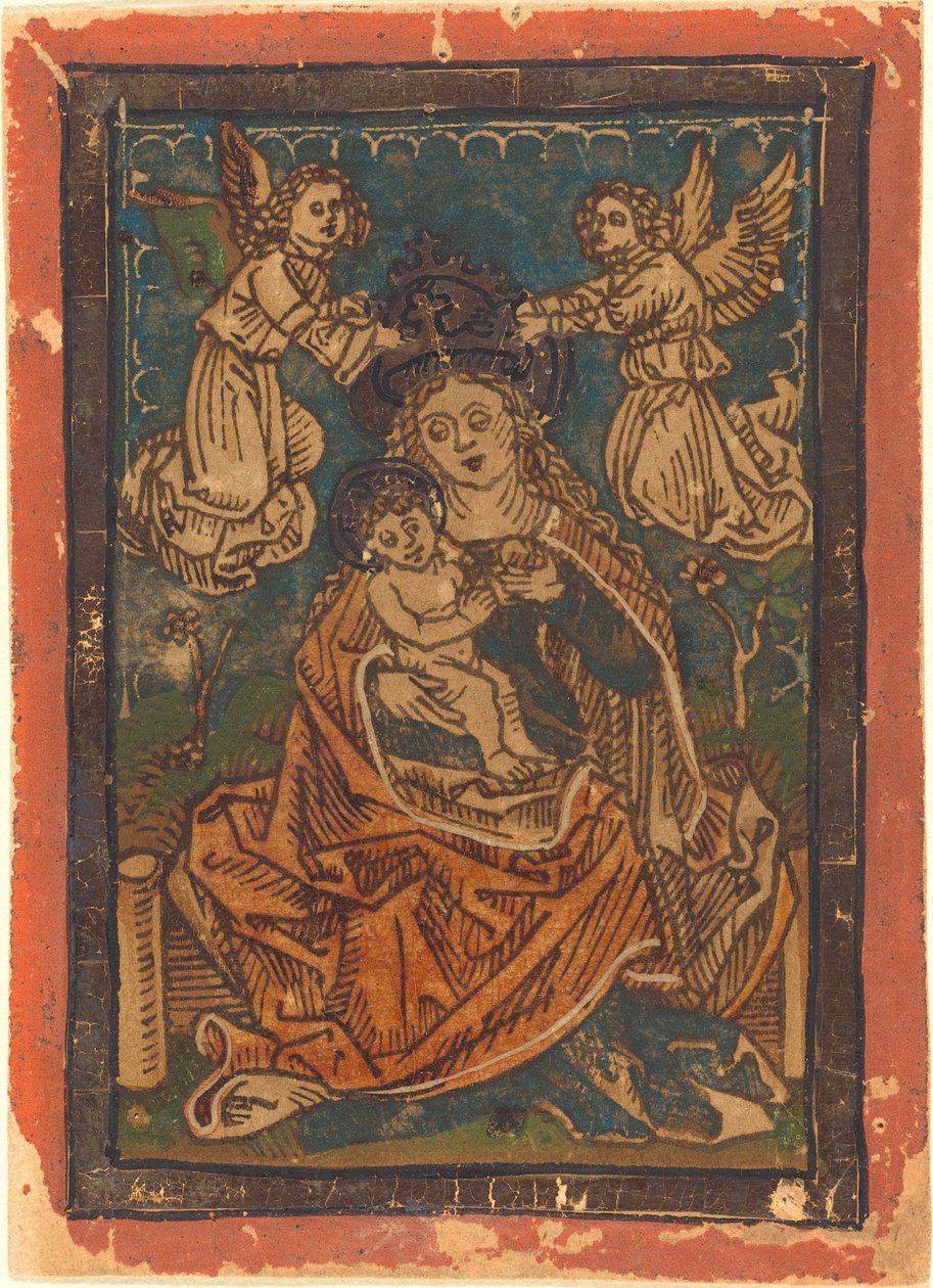 Madonna és a gyermek egy füves parton ül angyalokkal alkotó: German 15th Century