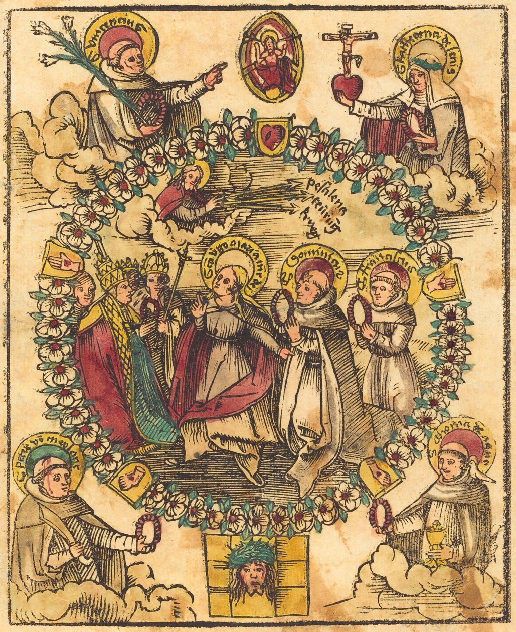 Madonna rózsafüzérben a szentekkel alkotó: German 15th Century