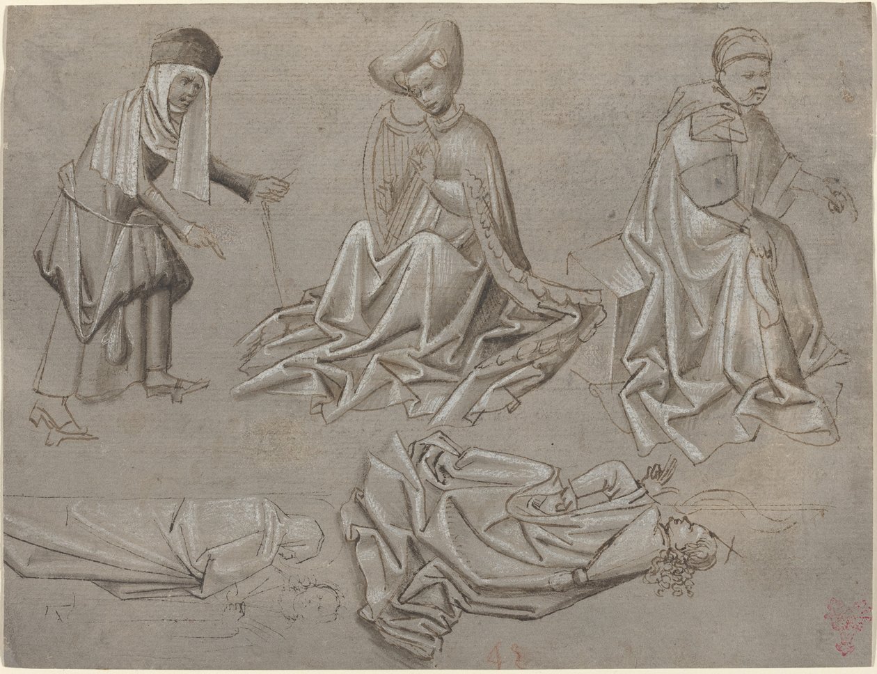 Tanulmányok hat figurához (lap egy modellkönyvből) [recto] alkotó: German 15th Century