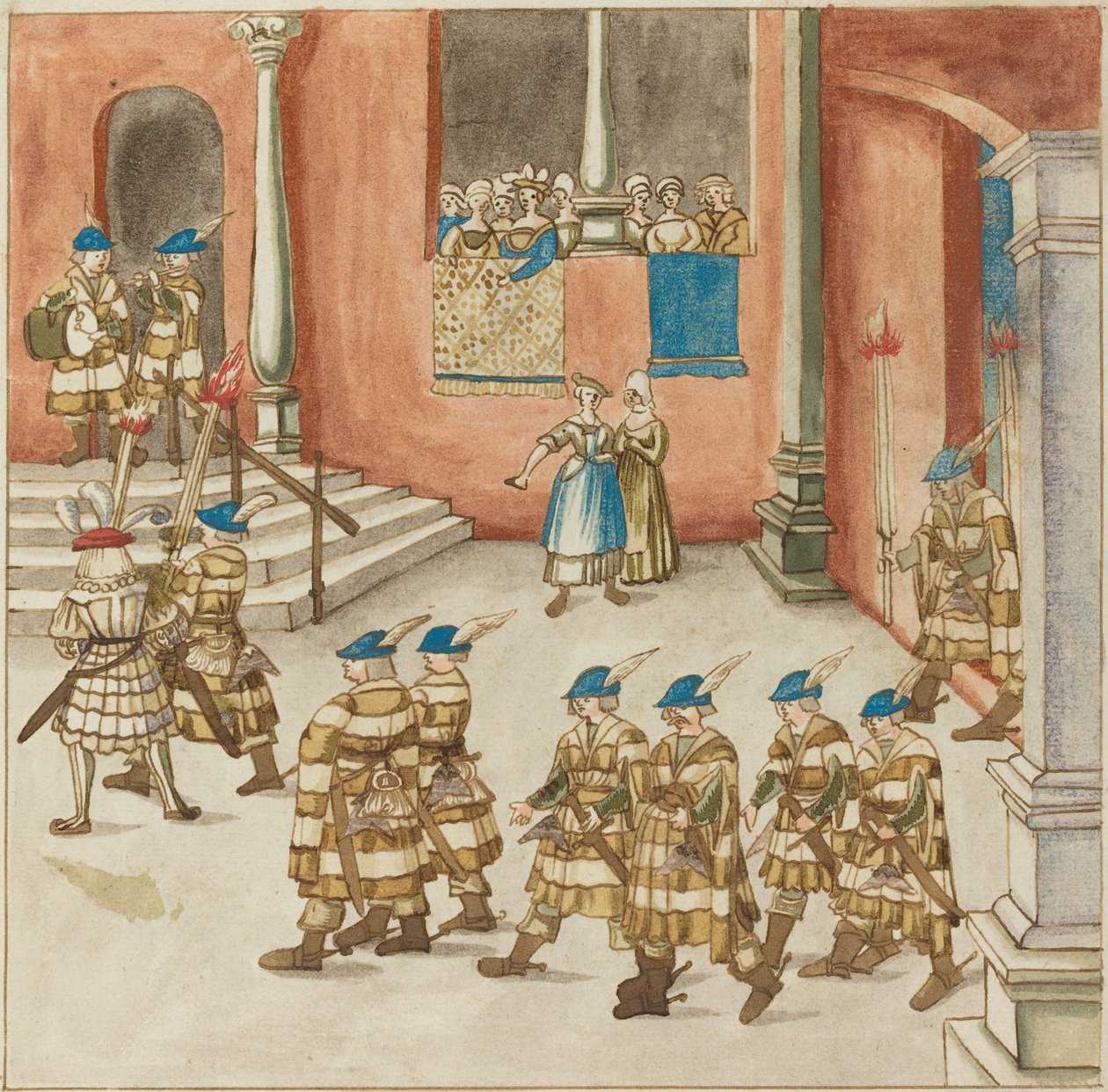 Lovagmenet, amelyet hölgyek néznek az erkélyen alkotó: German 16th Century