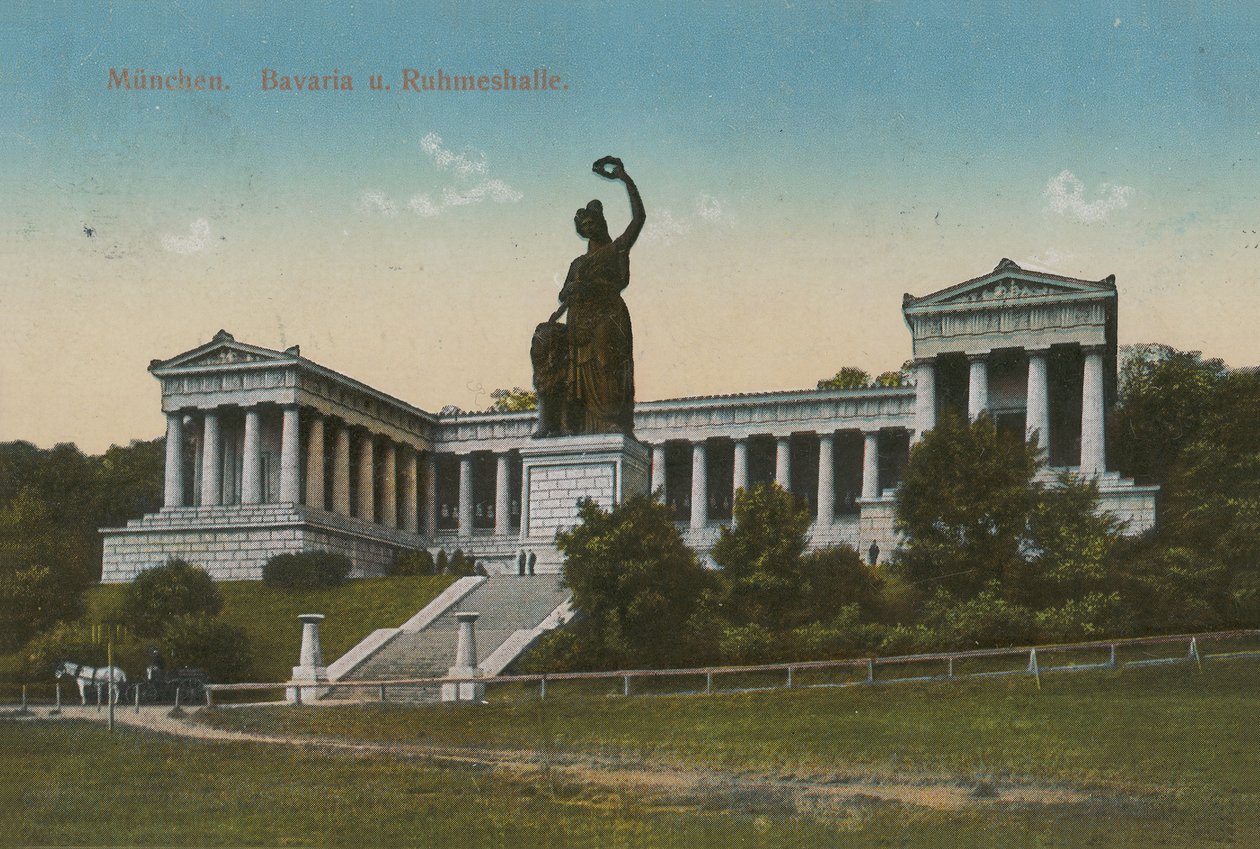 Bavaria szobor és Ruhmeshalle, München. 1913-ban küldött képeslap. alkotó: German Photographer