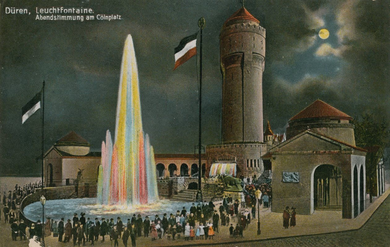 Duren, Leuchtfontaine, esti hangulat a Colnplatzon. 1913. március 20-án küldött képeslap. alkotó: German Photographer