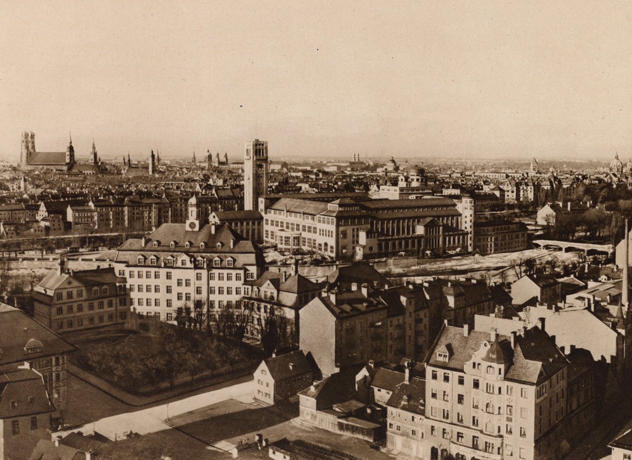 Munchen / München: Új Német Múzeum a müncheni városképben (fekete-fehér fénykép) alkotó: German Photographer