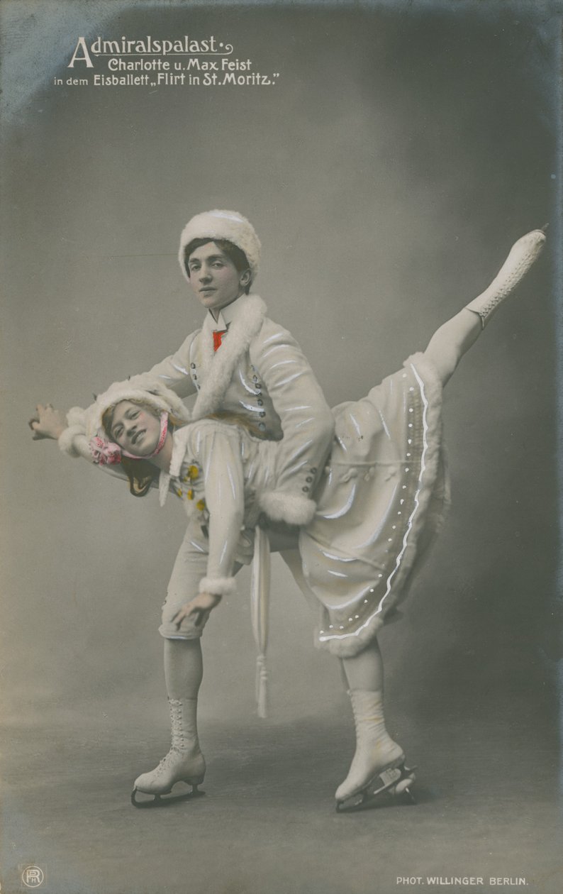 Képeslap korcsolyázókról, 1913-ban küldték (kézzel színezett fénykép) alkotó: German Photographer