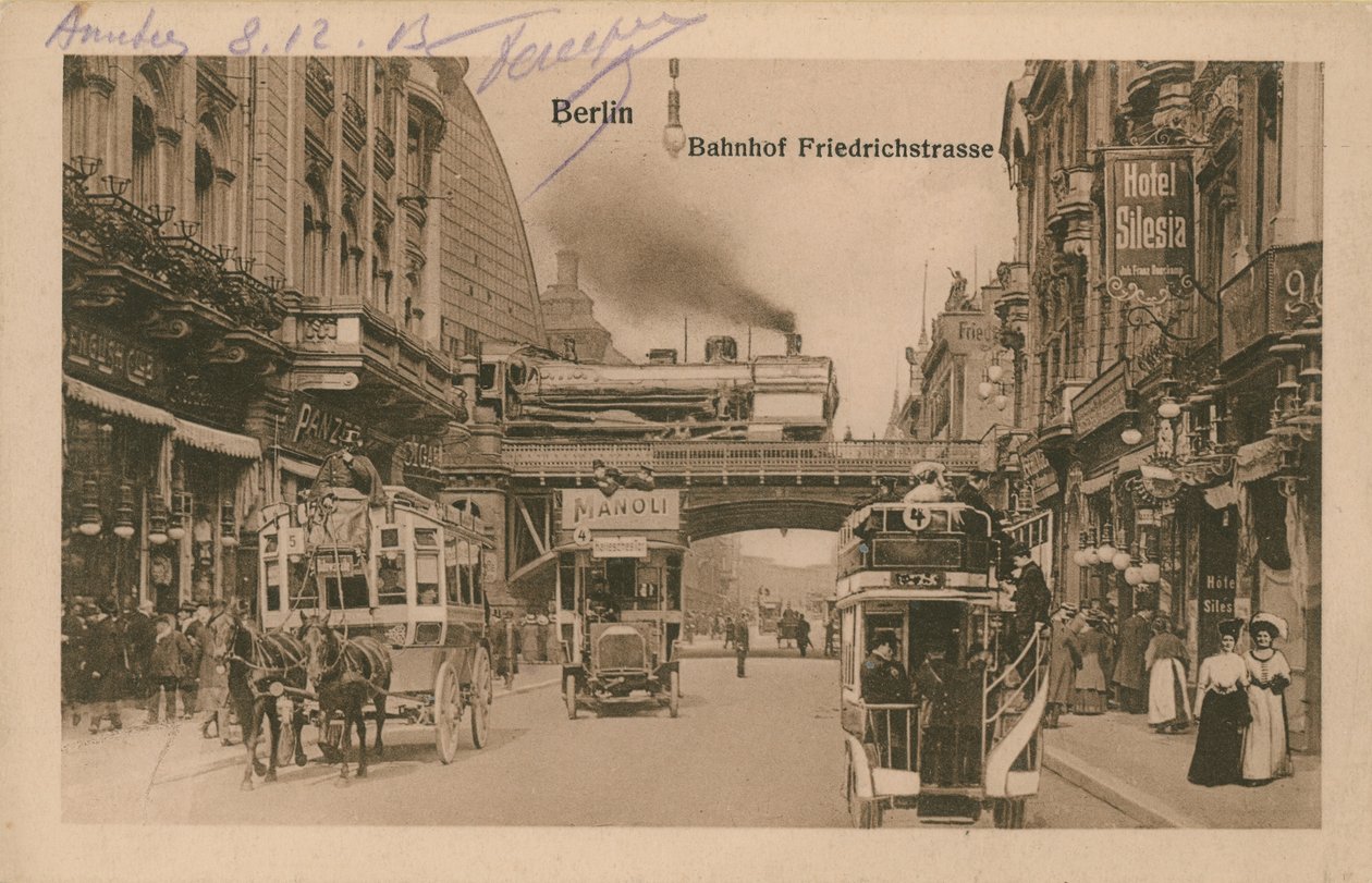 1913-ban küldött képeslap a berlini Friedrichstrasse vasútállomásról (fekete-fehér fotó) alkotó: German Photographer