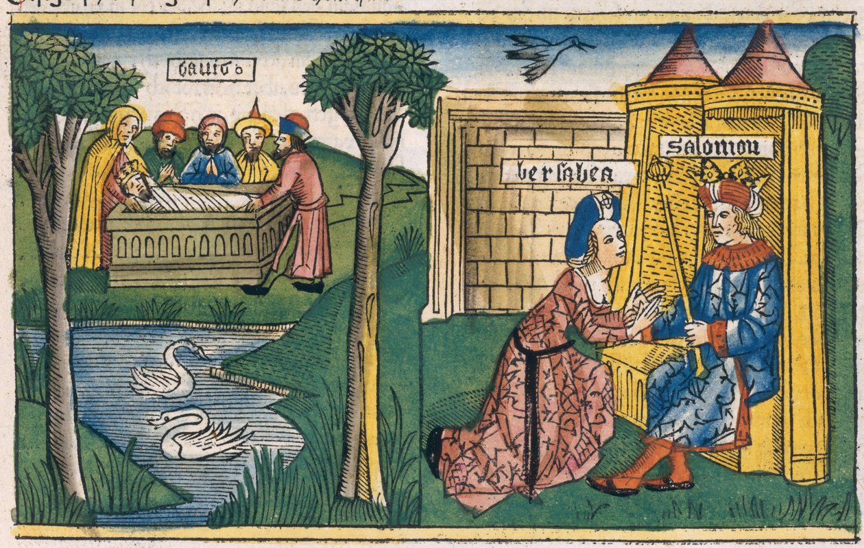 1 Királyok 2 10-11 Dávid halála és 2 Királyok 19-25 Betsabé megkéri Salamont, hogy Abisag vegye feleségül Adóniást, a nürnbergi Bibliából (Biblia Sacra Germanaica) (színes fametszet) alkotó: German School