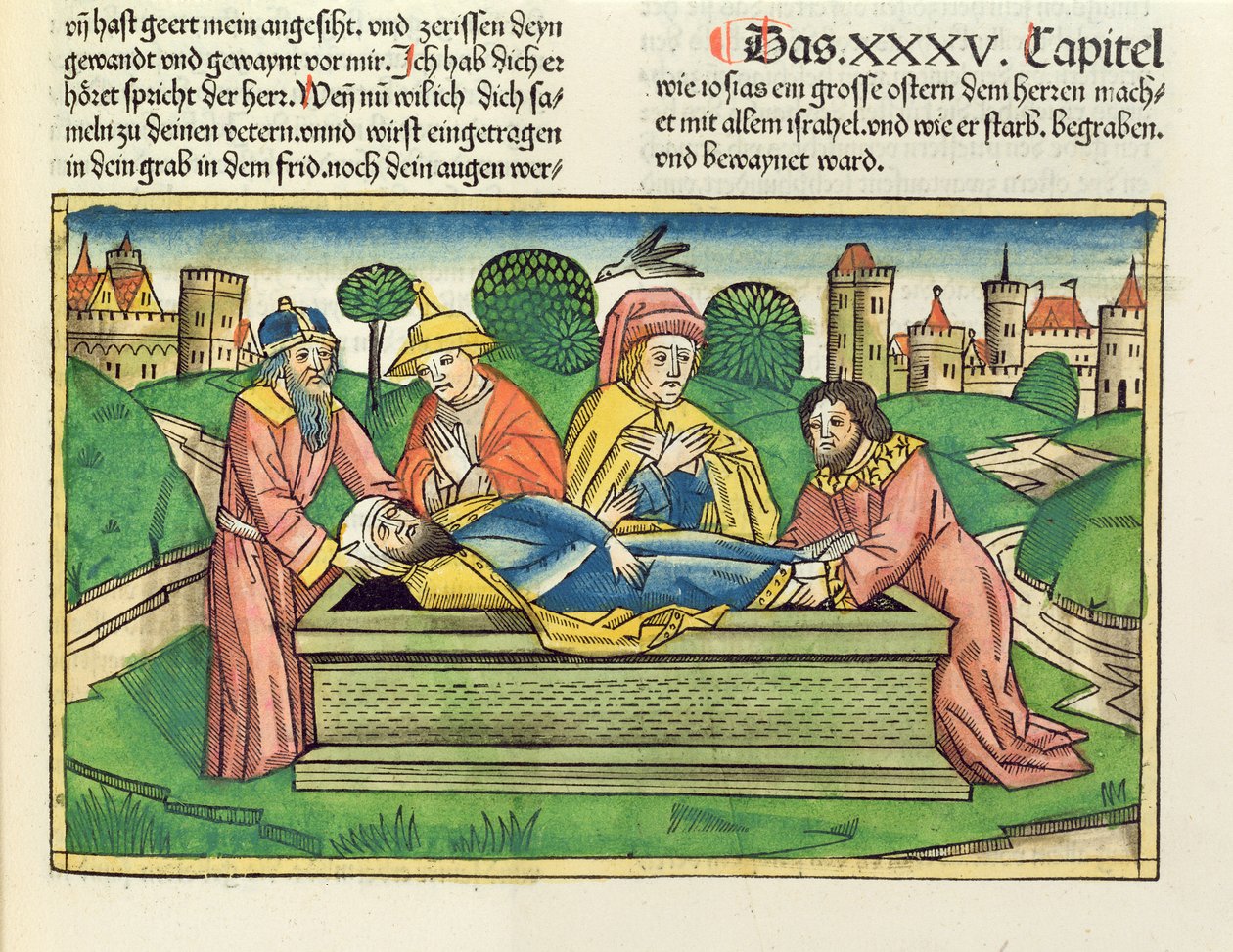 2 Chronicles 35 24 Jósiás temetése, a nürnbergi Bibliából (Biblia Sacra Germanaica) (színes fametszet) alkotó: German School