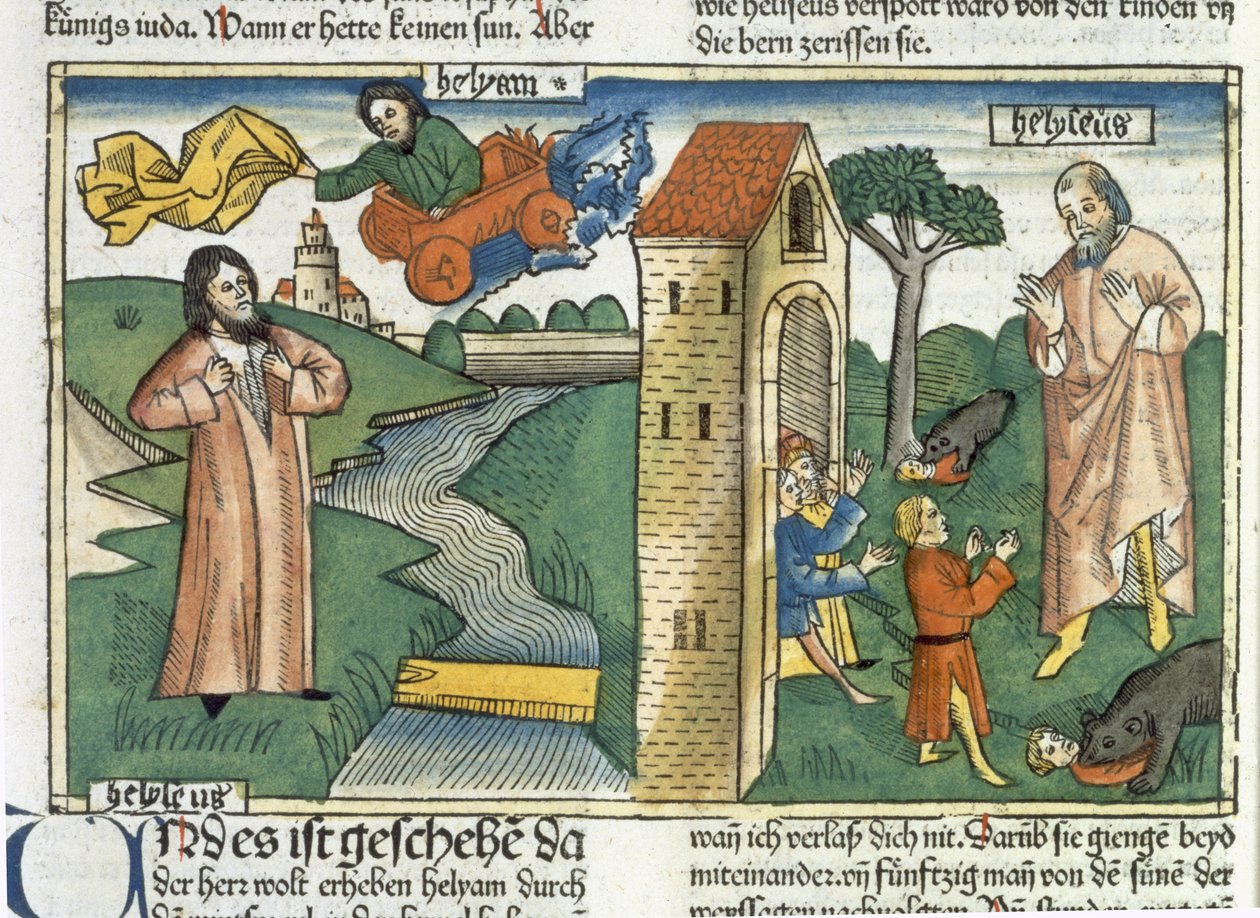 2 Királyok 2 1-24 Illés forgószélben felmegy a mennybe, és az Elizeust gúnyoló fiúkat megeszik a medvék, a nürnbergi Bibliából (Biblia Sacra Germanaica) (színes fametszet) alkotó: German School